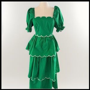 English Factory Green Scallop Tiered Maxi Dress Puff Sleeve  Cottagecore Sz M